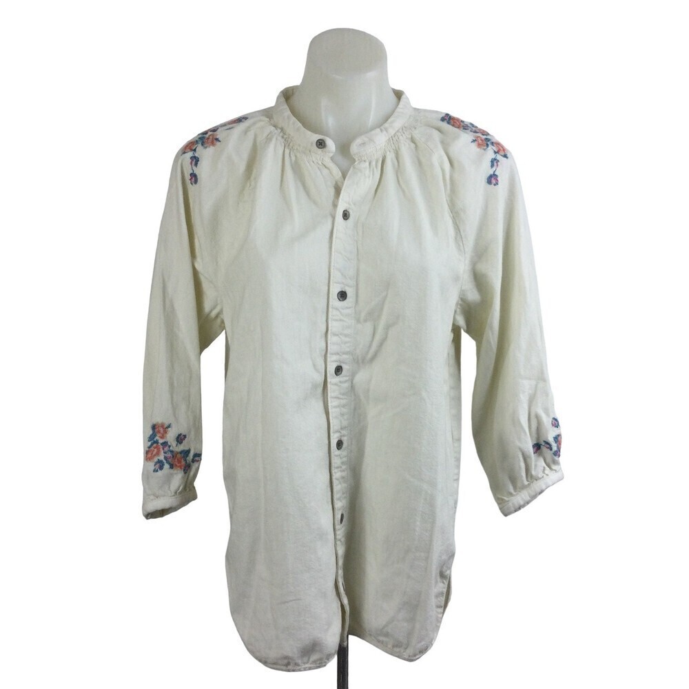 Lucky Brand Top Embroidered Floral Long Sleeve Peasant Blouse Top White Sz S